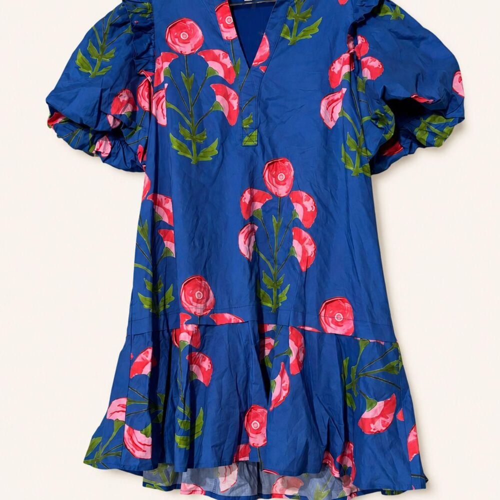 Entro Blue Pink Floral Cotton Puff Sleeve Tiered Mini Dress Size Medium